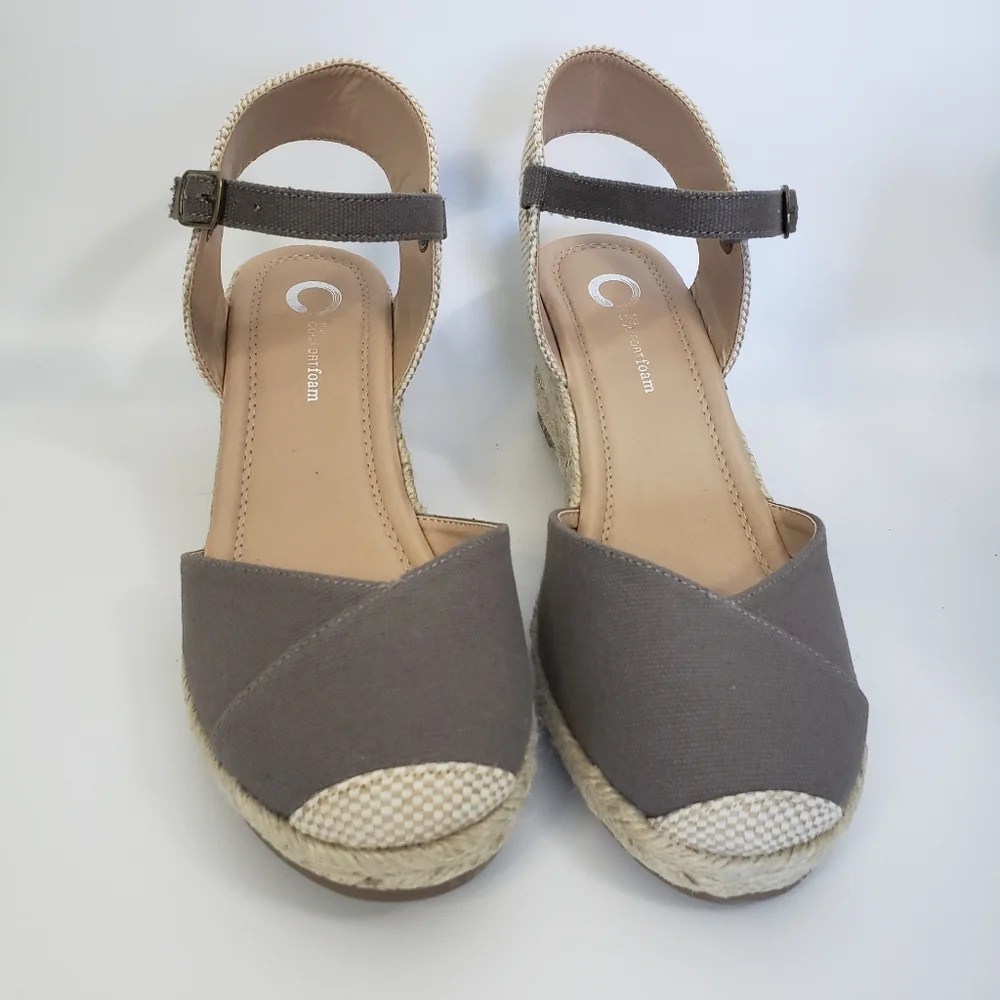 Tru Comfort Espadrille - Gray w/ Raffia Wedge - Canvas Textile Wide Width 8